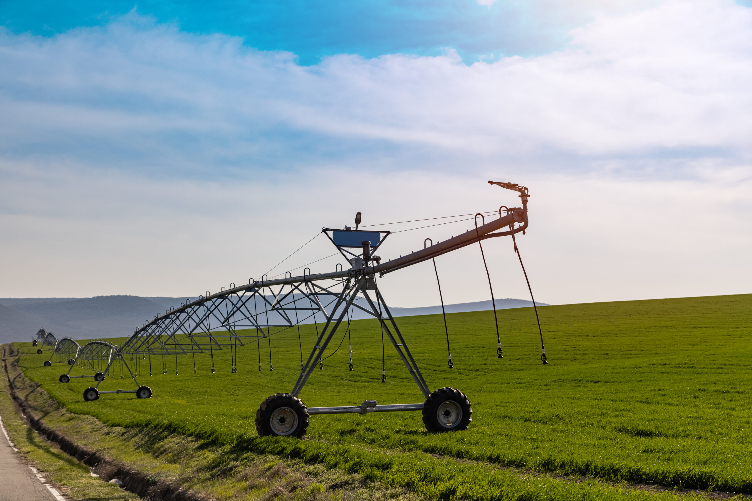 Irrigation system ready to use. Watering system in the field.